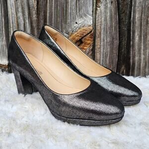 Brown Leather Pumps Clarks Kelda Hope Size 7 Mini Platform Wet Look Heels
